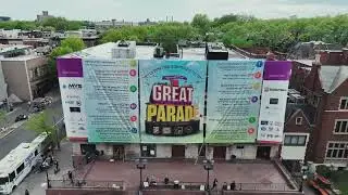 Lag B'Omer Banner Hangs at 770 Eastern Parkway