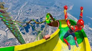 A new water slide for spiderman and his superhero friends Ep.145 #waterslide #ragdoll #spiderman