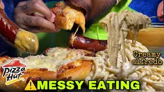 ⚠️MESSY EATING SPICY CHEESE SAUCE🤤 PIZZA HUT EXTRA CHEESE PIZZA CREAMY ALFREDO & GIANT SAUCE