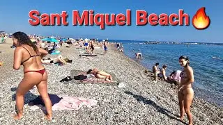 Sant Miquel Beach🌊⛱️Hot Day🔥☀️Barcelona🇪🇸 4k Walk
