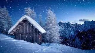 Cozy Christmas Cabin Falling Snow Ambience - Soft Jazz + Guitar