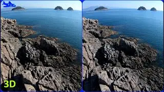 Drone 3D, Rocky Shore with extended Interaxial Separation, Magic eye, Seacoast, Side by Side 3D
