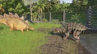 стегозавр против анкилозавра в jurassic world evolution 2