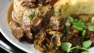 Beer braised beef tips & blackened fried cabbage with cilantro lime rice & cornbread