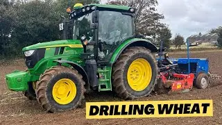 John Deere 6R 130 drilling winter wheat, hedge cutting and preparing maize fields for reseeding.