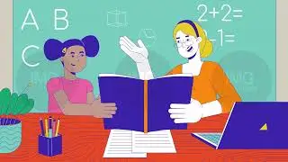 Woman teacher reading book with little student cartoon animation