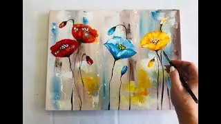 How to draw easy flowers painting/ Demonstration /Acrylic Technique on canvas by Julia Kotenko