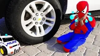 FREAKY Joker RUN OVER SpiderBaby RC Car Police Toy! w/ Spiderman, Hulk & Frozen Elsa in Real Life